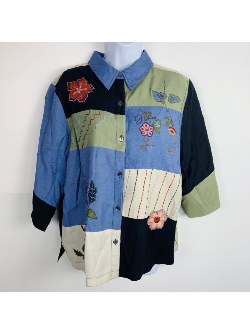 Marsh Landing Womens Floral Patchwork Button-Up Shirt Size L
